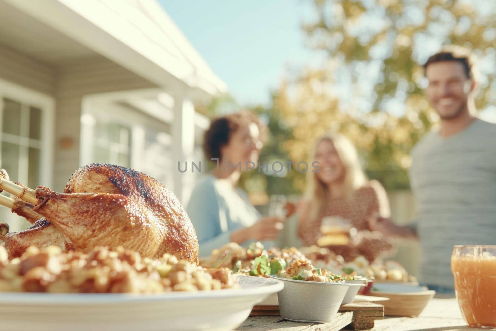 Family gathered for outdoor autumn feast with roasted turkey, enjoying food, AI Generated