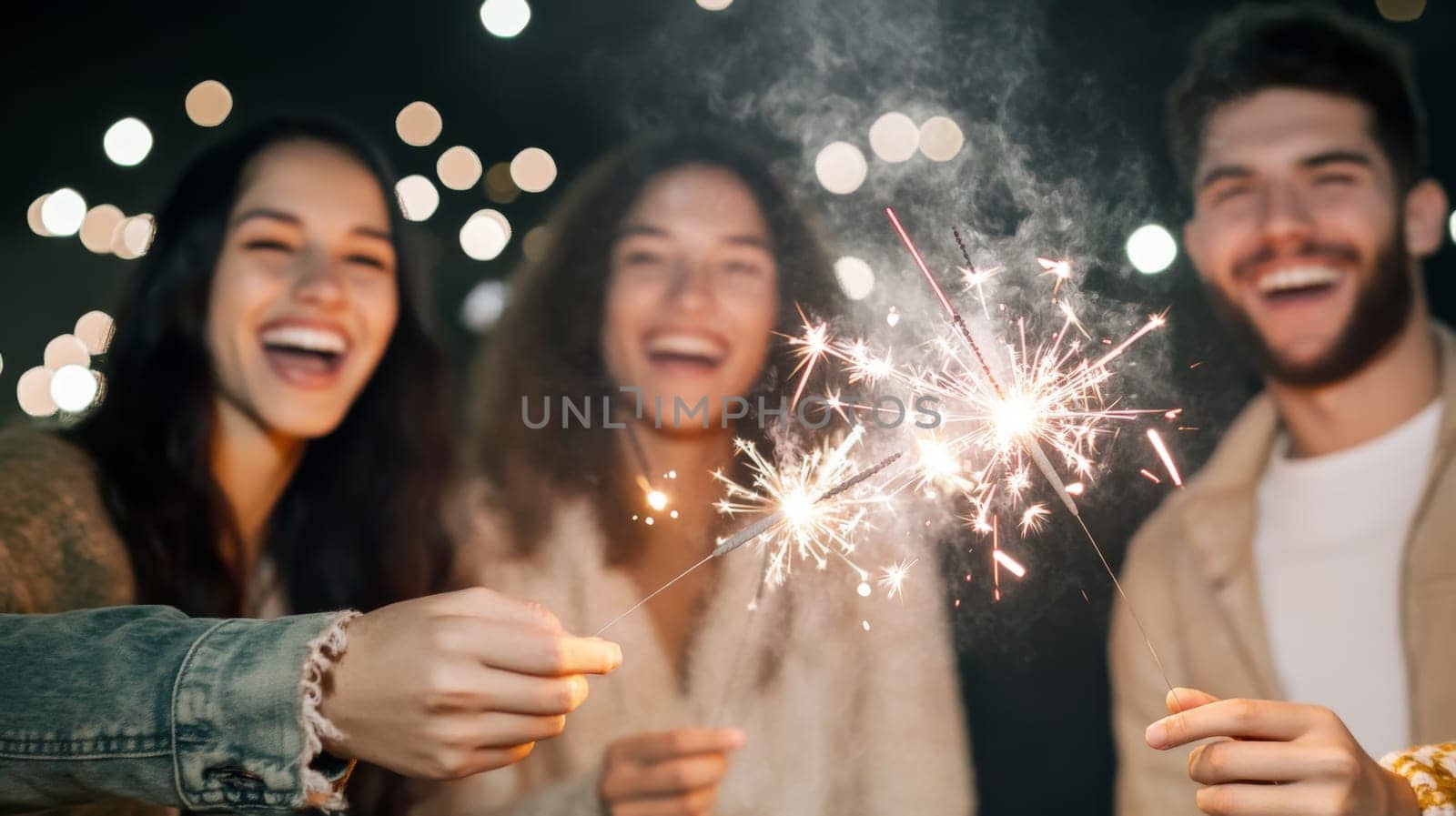 Group of multiracial adults celebrating New Year with sparklers outdoors, joyful winter scene, AI generated