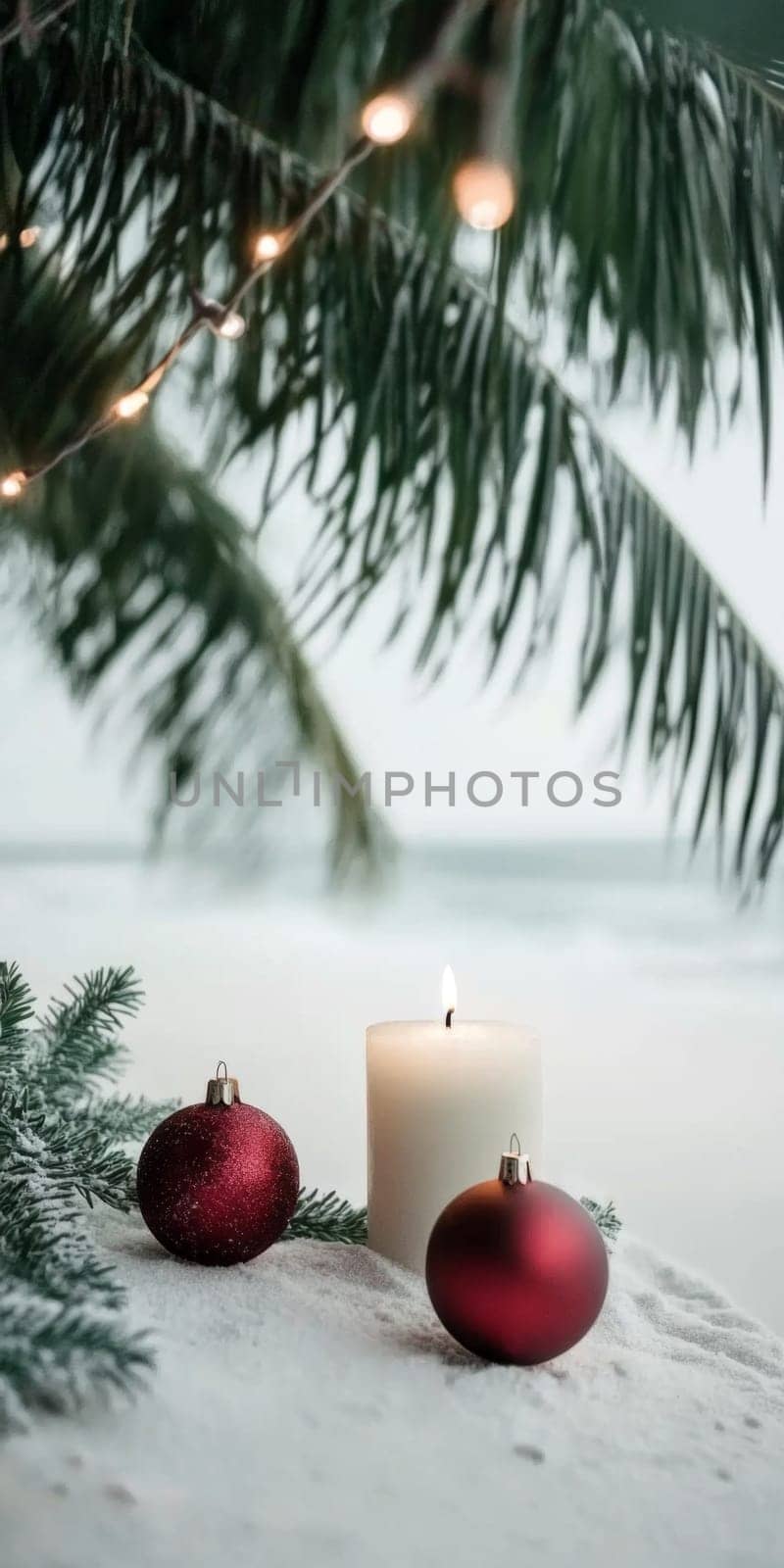 Tropical beach Christmas scene with candle, palm leaves, festive ornaments, vertical background, AI generated