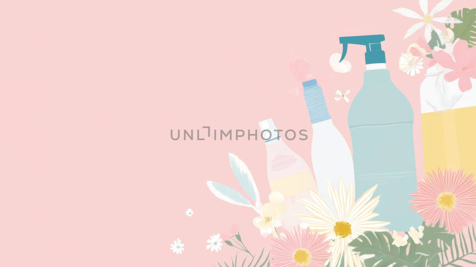 Bottles with spray and flowers on white background for spring cleaning concept, AI Generated