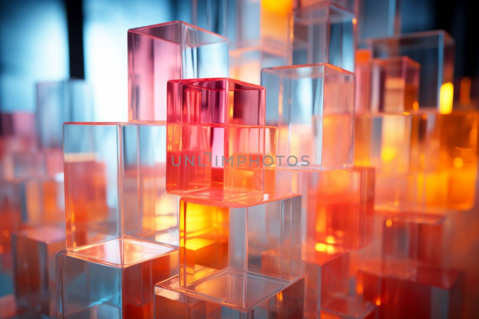 Abstract background of reflective neon purple, blue and orange glass cubes with copy space, AI generated
