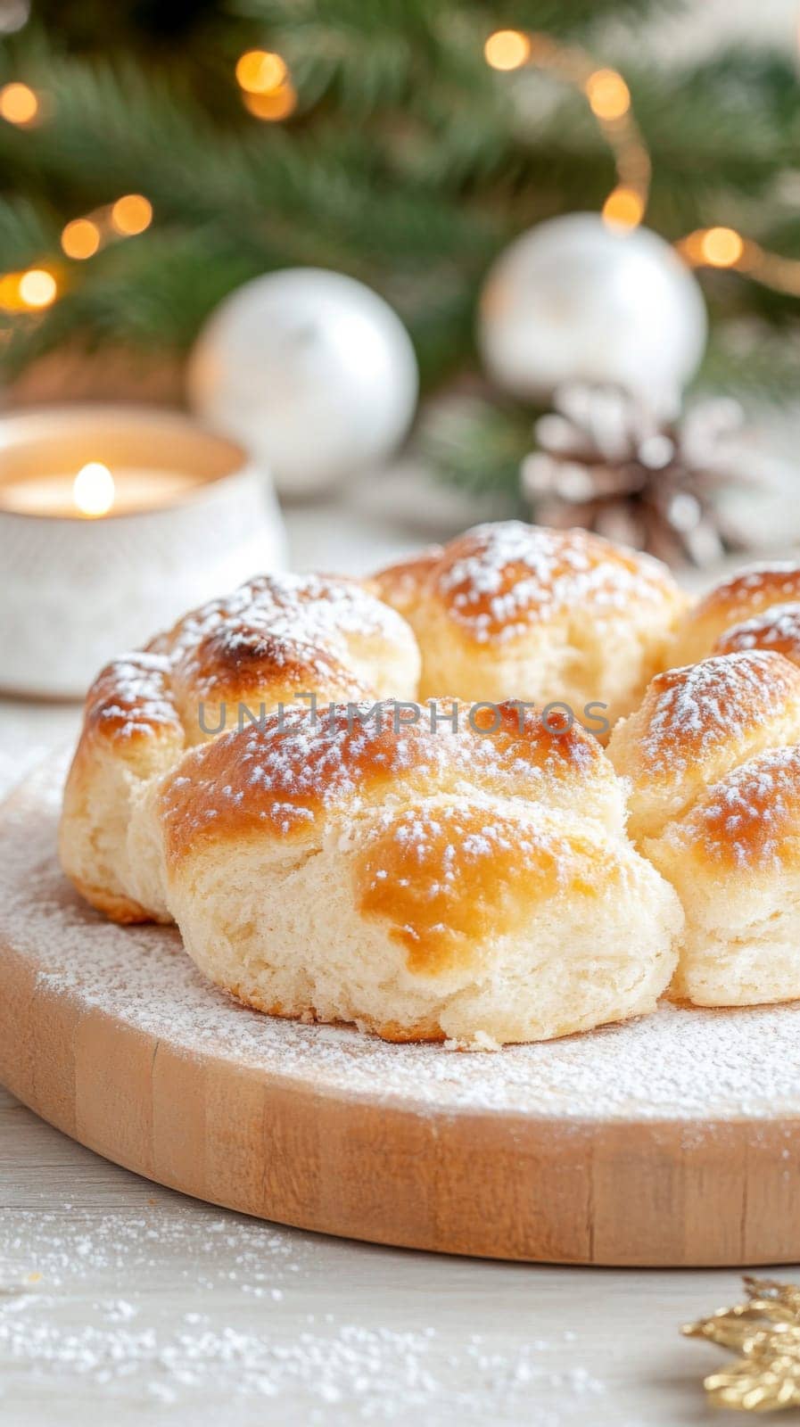 Donuts topped with powdered sugar on wooden platter, ideal dessert background, AI Generated