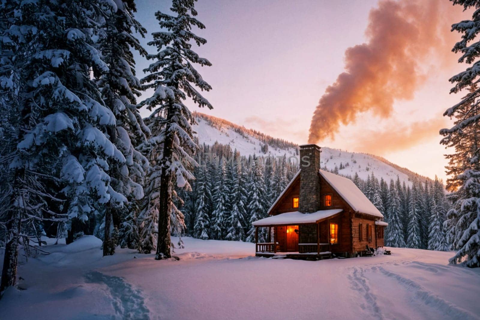 A rustic wooden cabin surrounded by snow-covered trees, emitting warm light from its windows. Smoke rises from the chimney, creating a serene winter scene at sunset. Winter retreat, tranquility, and cozy living