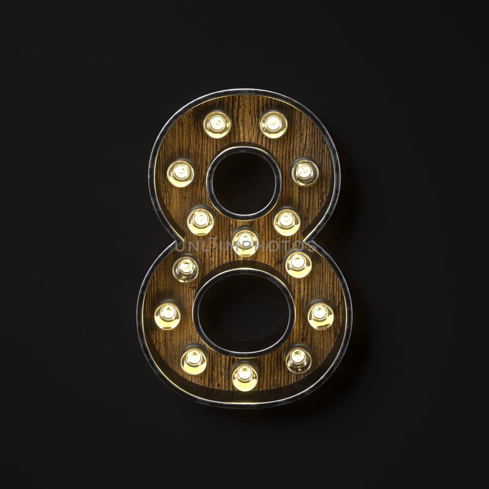 Light bulb glowing Number 8 EIGHT 3D rendering illustration isolated on black background