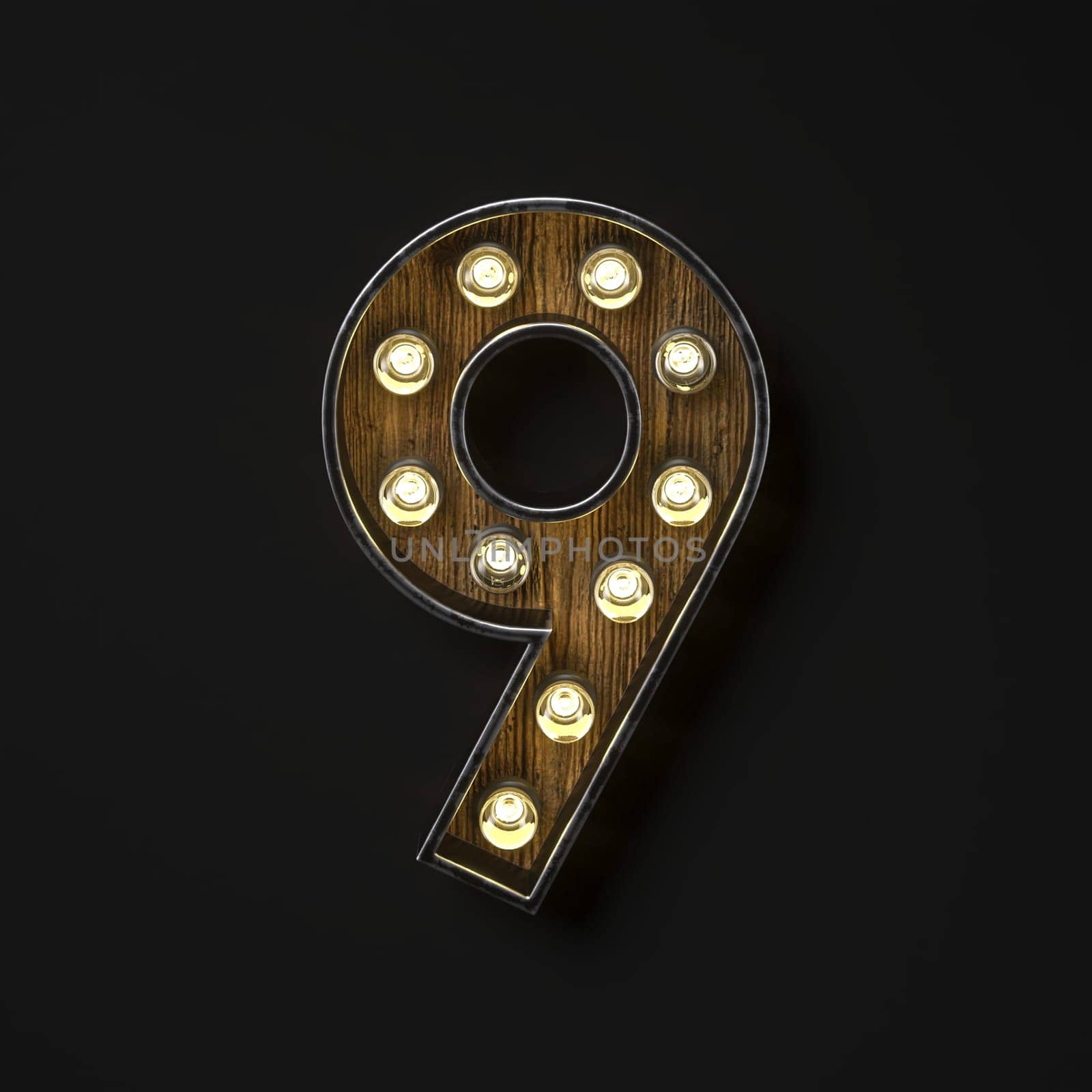 Light bulb glowing Number 9 NINE 3D rendering illustration isolated on black background