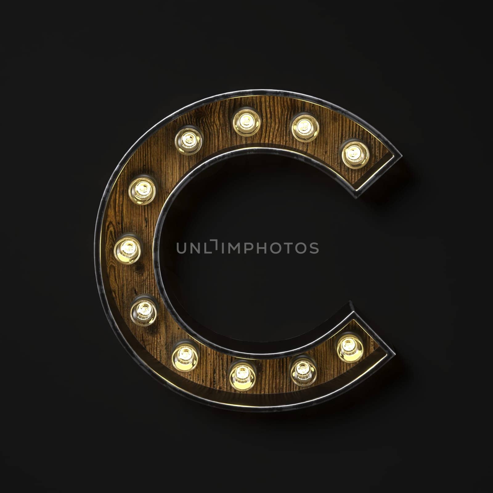 Light bulb glowing Letter C 3D rendering illustration isolated on black background