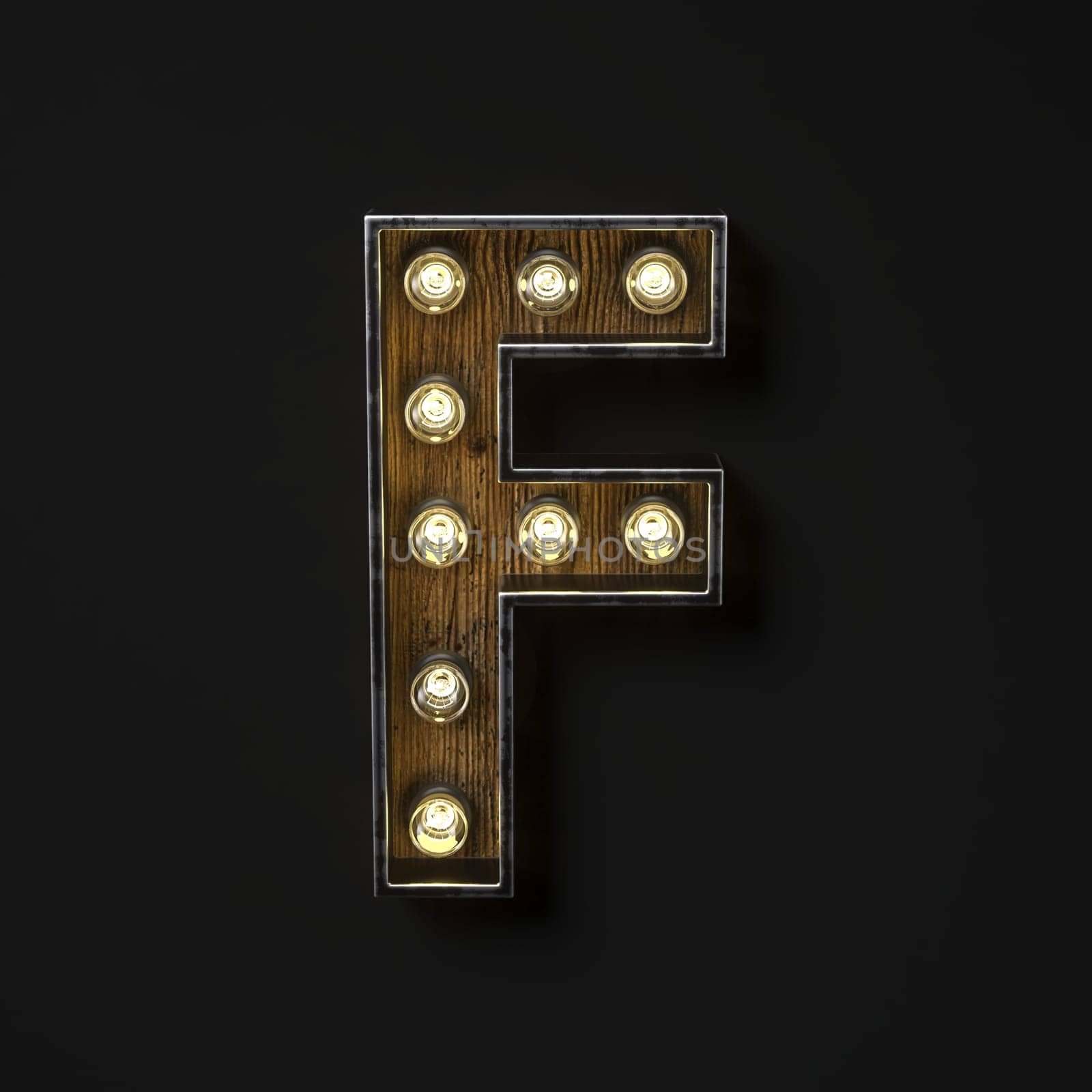 Light bulb glowing Letter F 3D rendering illustration isolated on black background