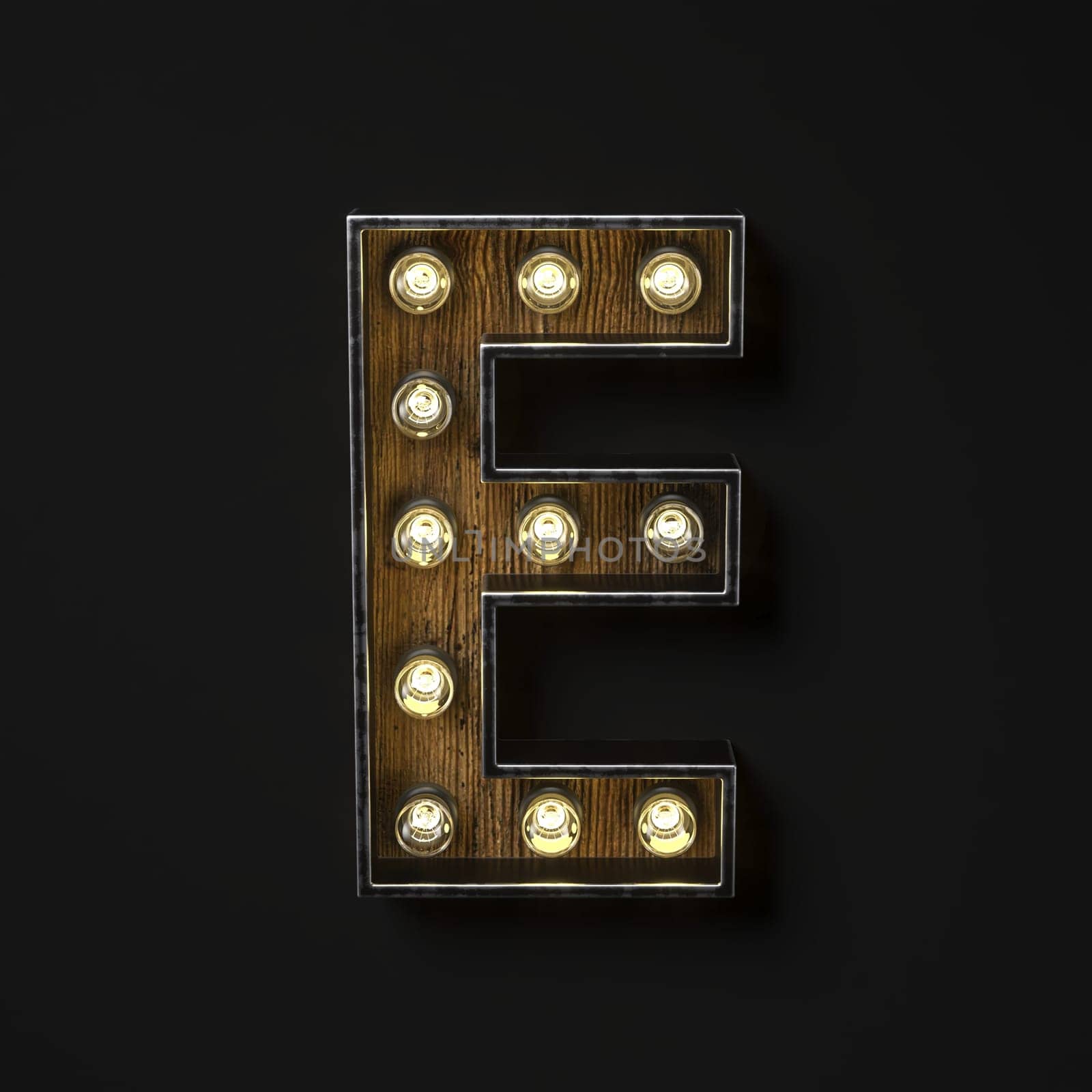 Light bulb glowing Letter E 3D rendering illustration isolated on black background