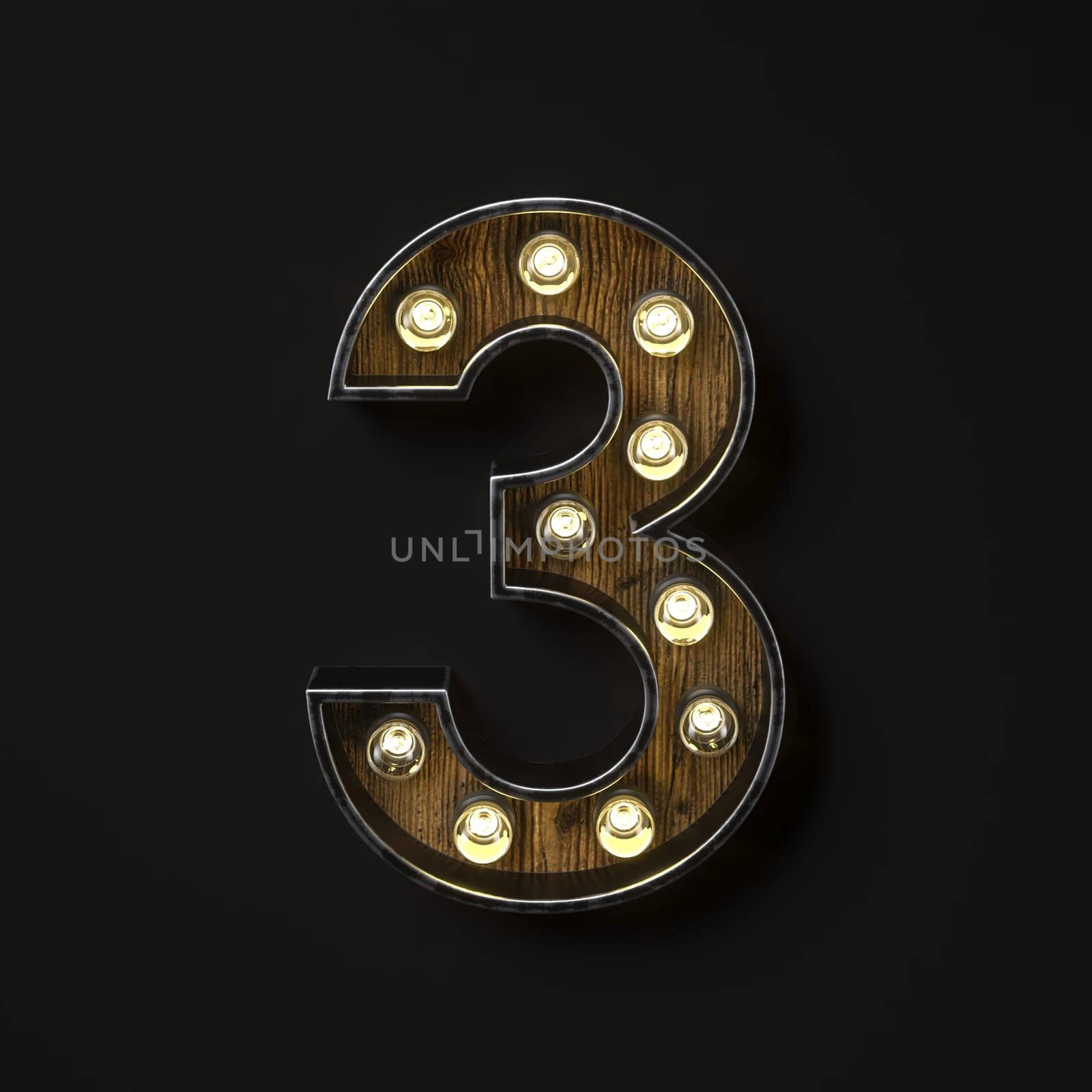 Light bulb glowing Number 3 THREE 3D rendering illustration isolated on black background