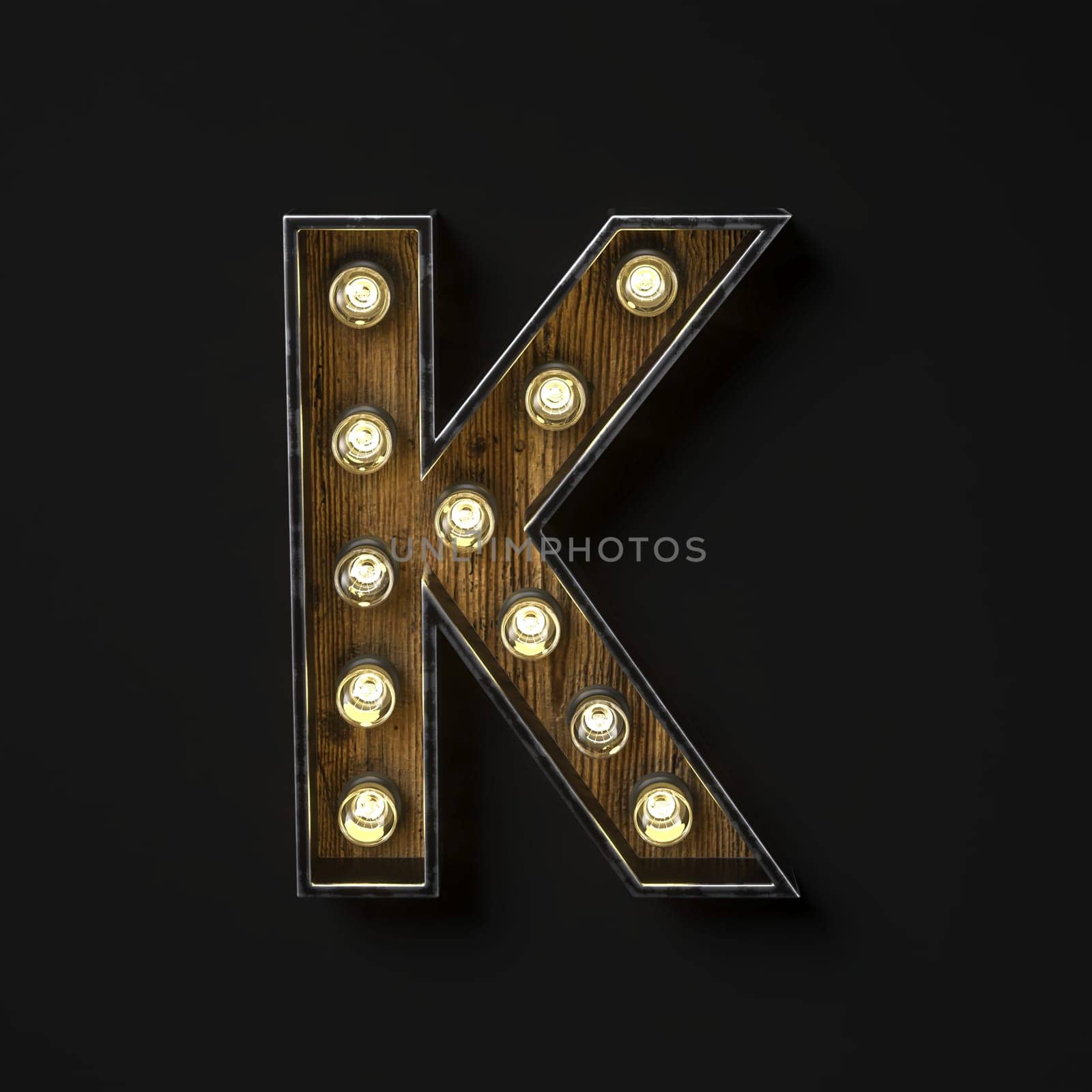 Light bulb glowing Letter K 3D rendering illustration isolated on black background