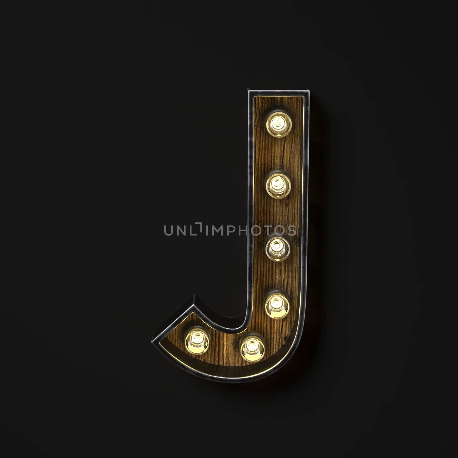 Light bulb glowing Letter J 3D rendering illustration isolated on black background