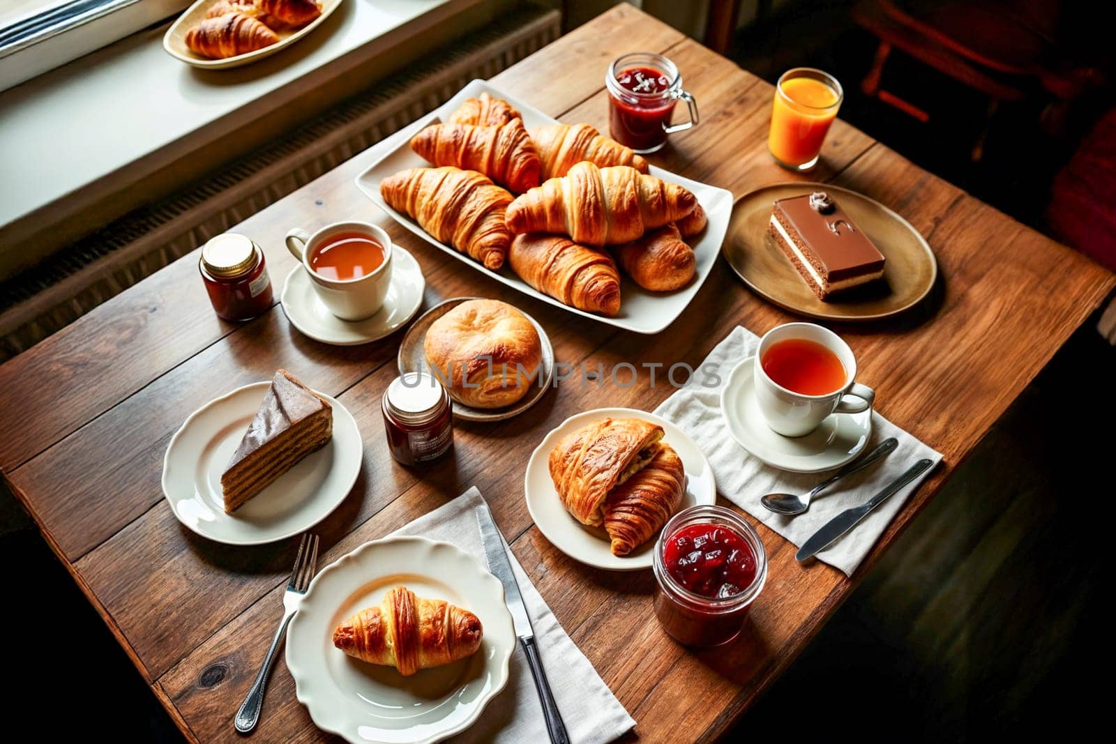 A beautifully arranged breakfast table featuring golden croissants, tea, and a variety of pastries. The wooden table is adorned with plates, jam jars, and juice. Warm and inviting atmosphere