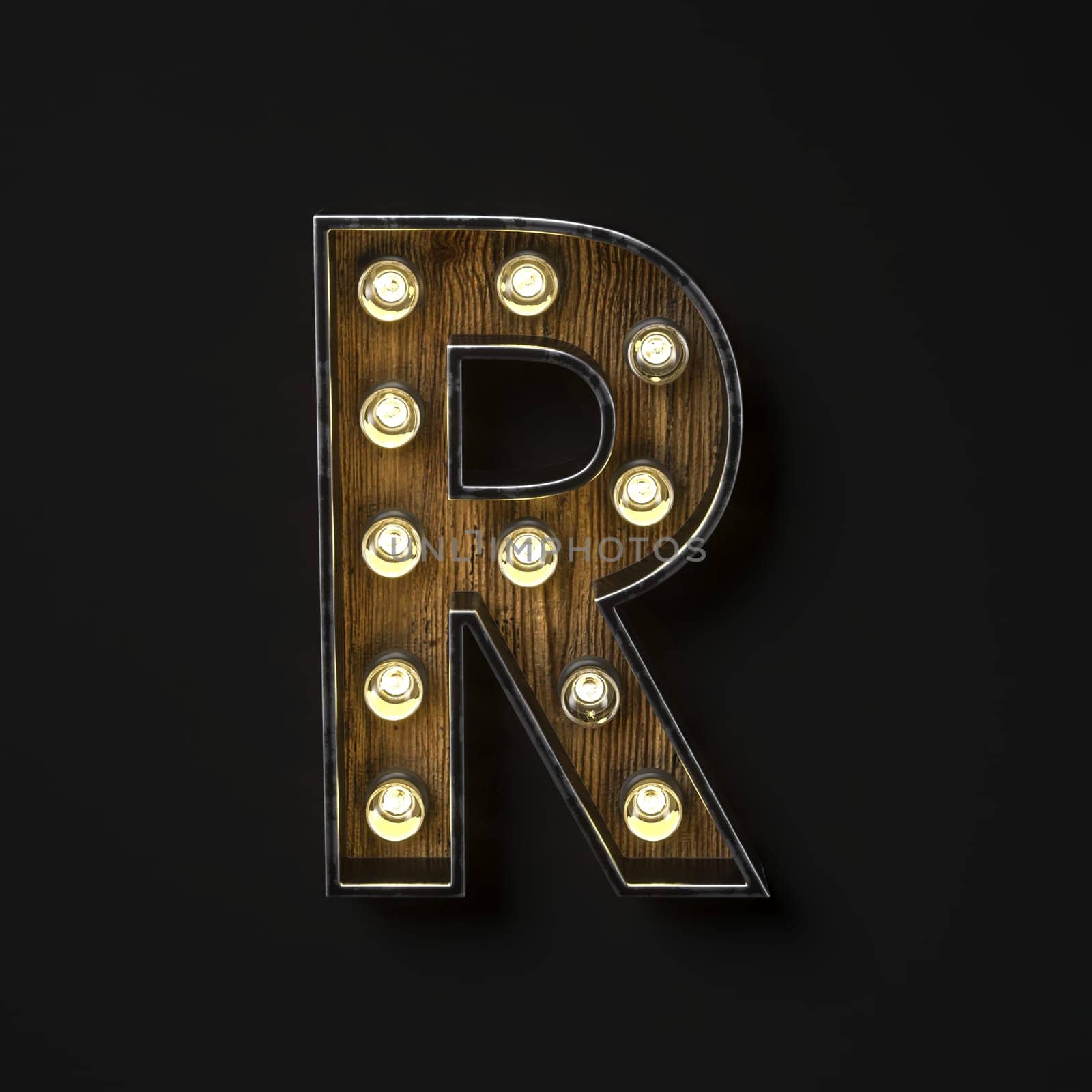 Light bulb glowing Letter R 3D rendering illustration isolated on black background