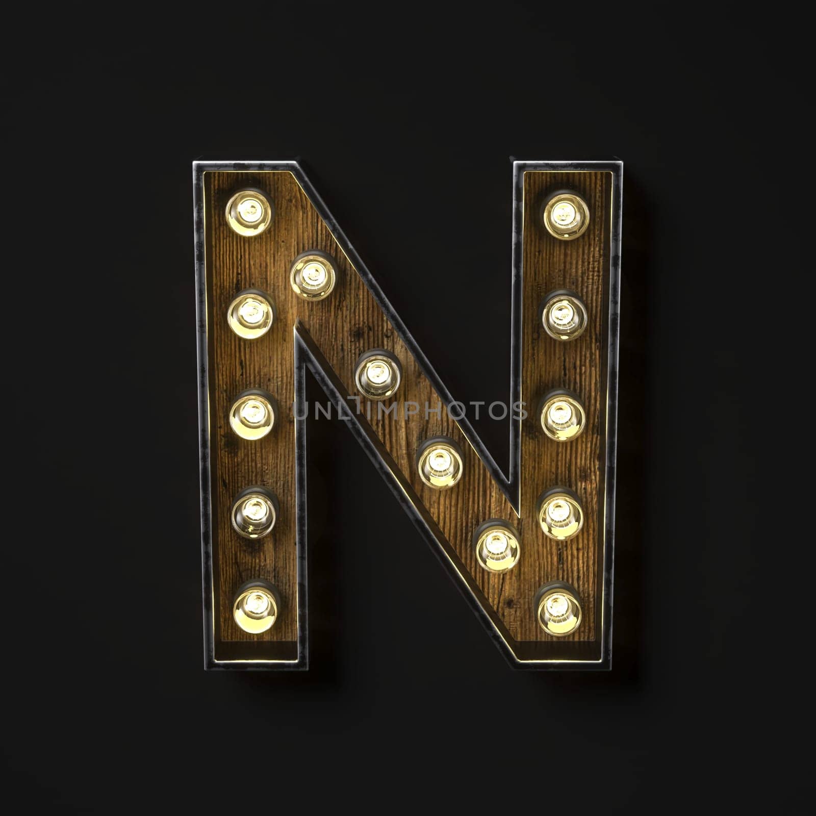 Light bulb glowing Letter N 3D rendering illustration isolated on black background