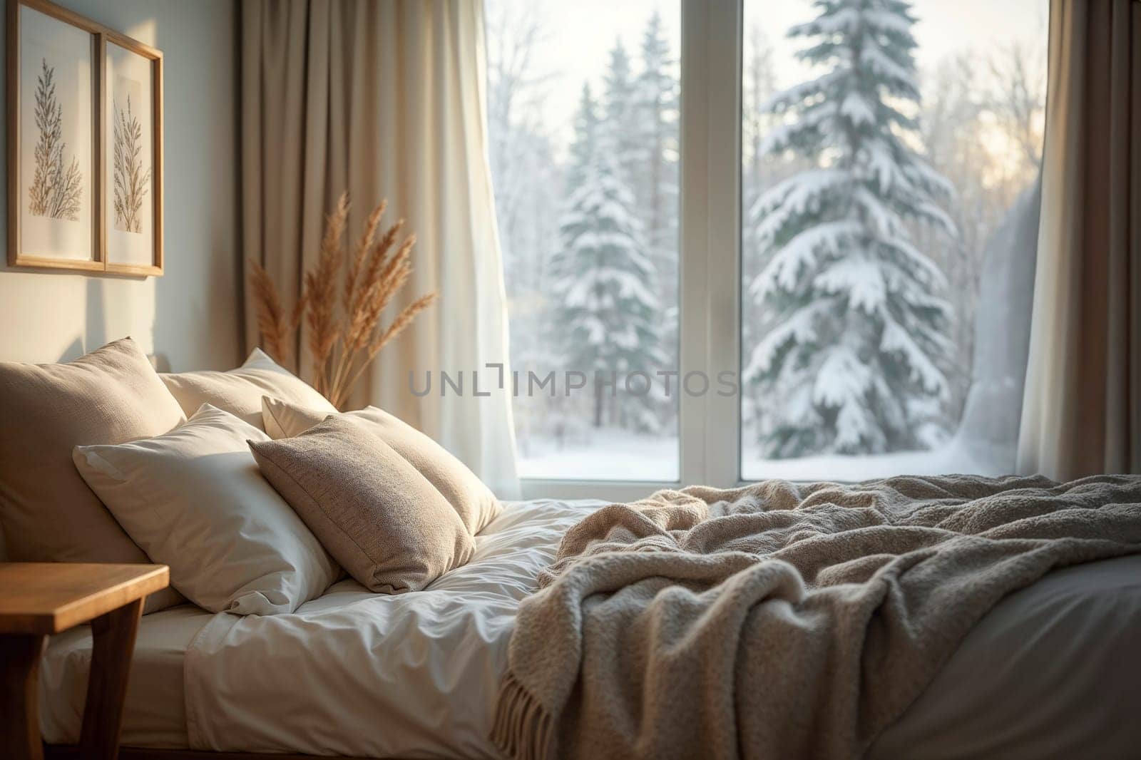 A serene Scandinavian-style bedroom featuring a comfortable bed with neutral pillows and a soft blanket. The large window offers a breathtaking view of a snowy forest, creating a tranquil and cozy ambiance