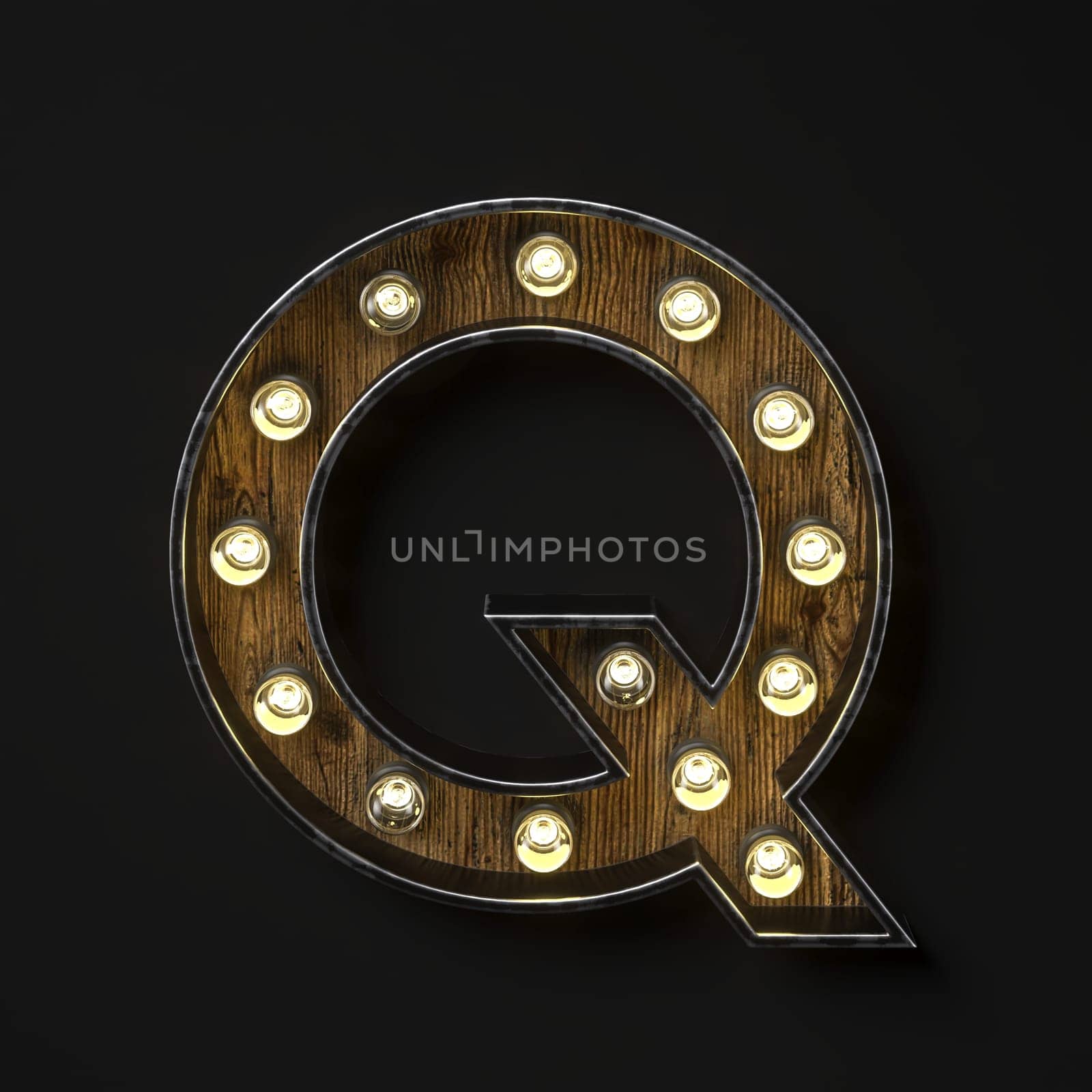 Light bulb glowing Letter Q 3D rendering illustration isolated on black background