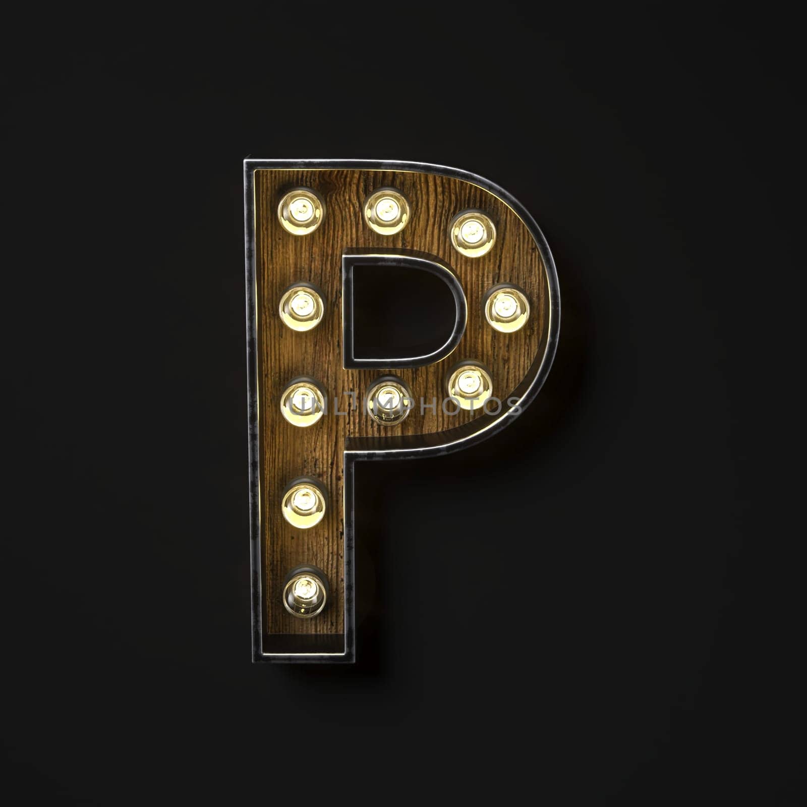 Light bulb glowing Letter P 3D rendering illustration isolated on black background