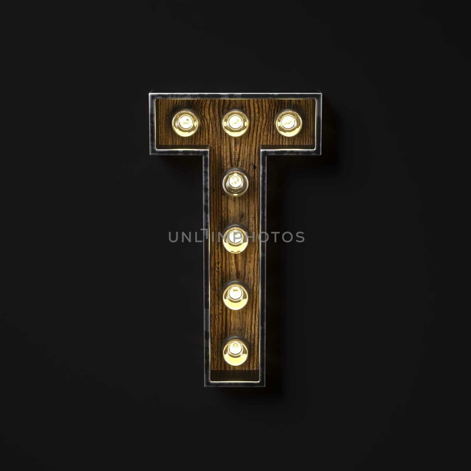 Light bulb glowing Letter T 3D rendering illustration isolated on black background