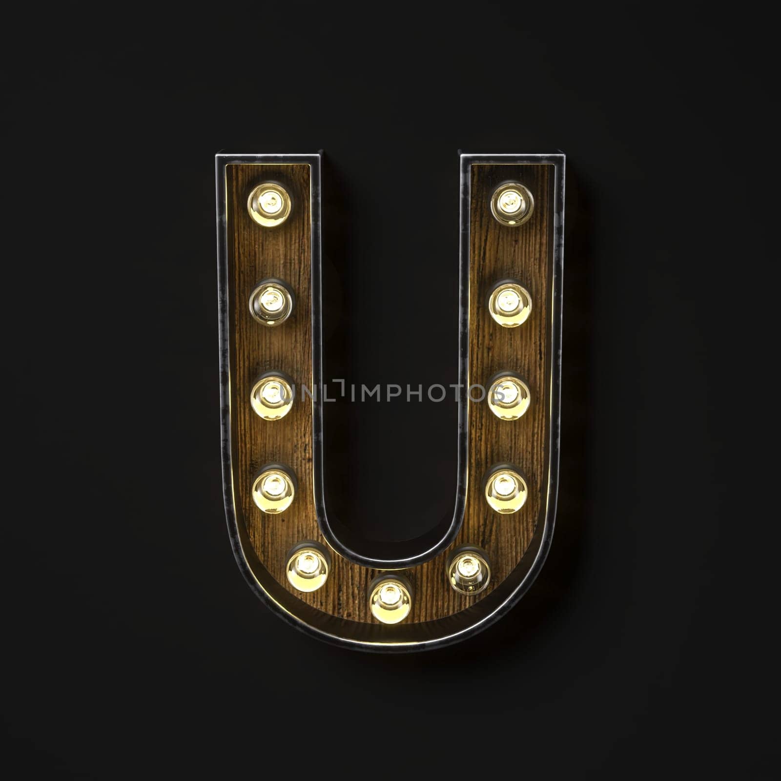 Light bulb glowing Letter U 3D rendering illustration isolated on black background