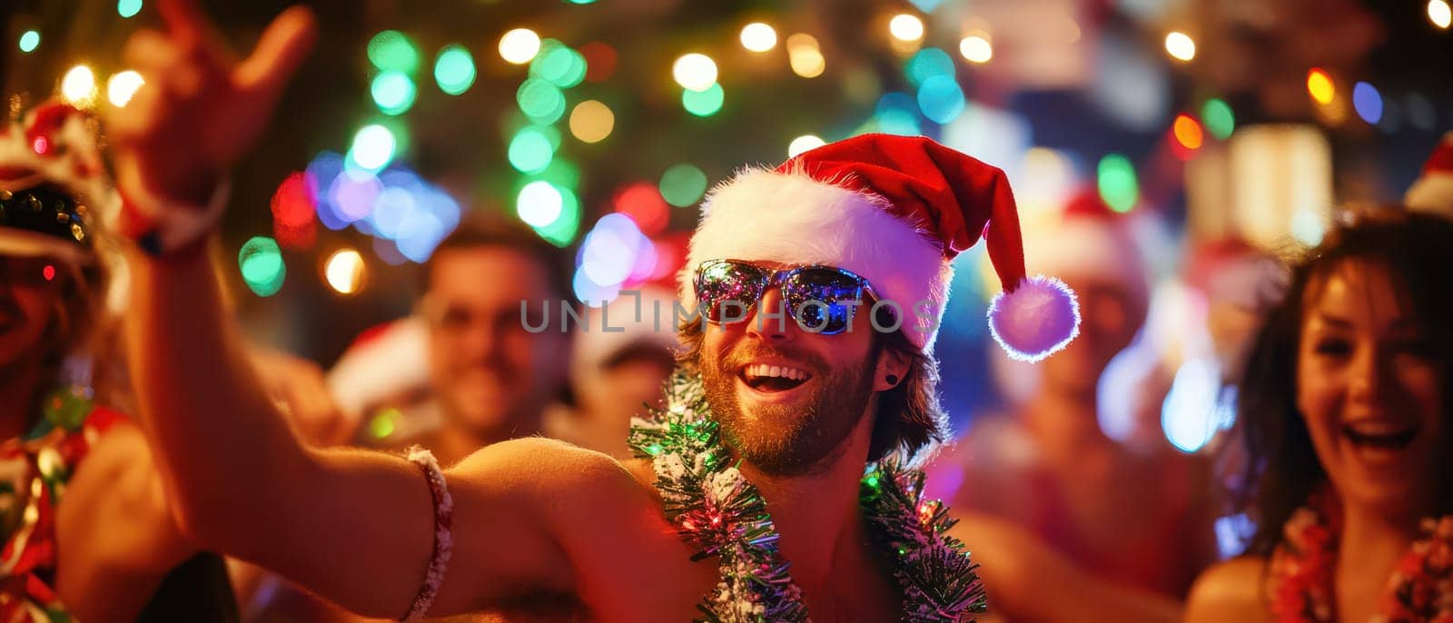 Friends gather in vibrant outfits celebrating Christmas with music laughter and colorful lights illuminating the festive atmosphere.