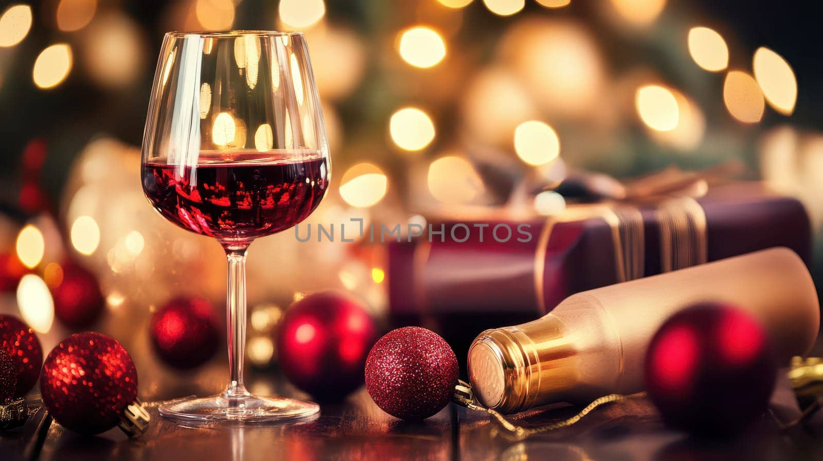 A cozy holiday setting featuring a glass of red wine beside festive decorations wrapped presents and glowing lights creating a warm atmosphere.