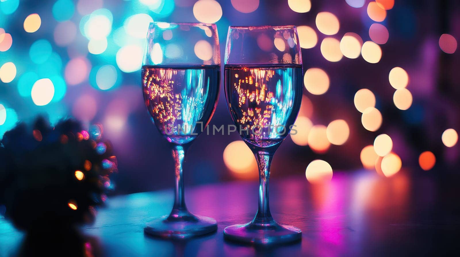 Two glasses filled with sparkling liquid reflect colorful lights in a festive atmosphere celebrating the spirit of Christmas and joy.
