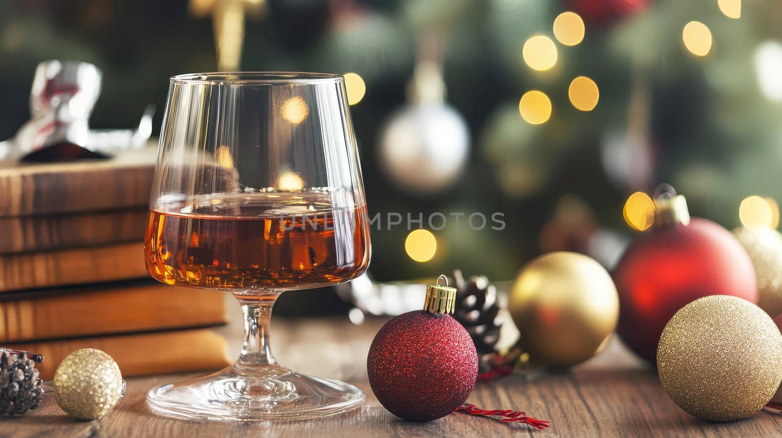 A glass of amber liquor sits on a wooden table surrounded by Christmas ornaments and colorful decorations during the holiday season.