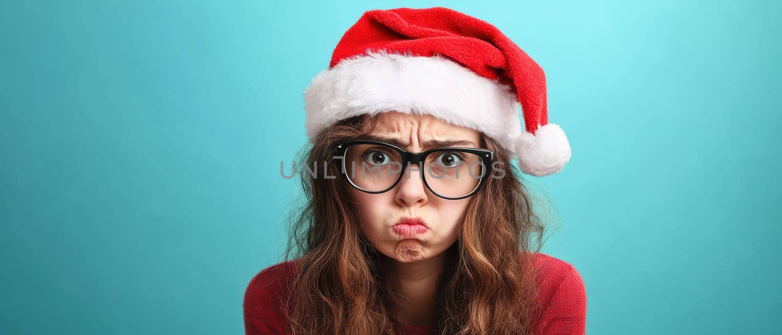 A young woman wearing a red Santa hat expresses a comical pout while looking at the camera against a blue background.