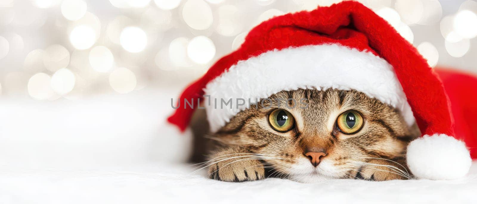 A playful cat wearing a red and white Christmas hat lies on a soft surface. Bright holiday lights create a cheerful backdrop.
