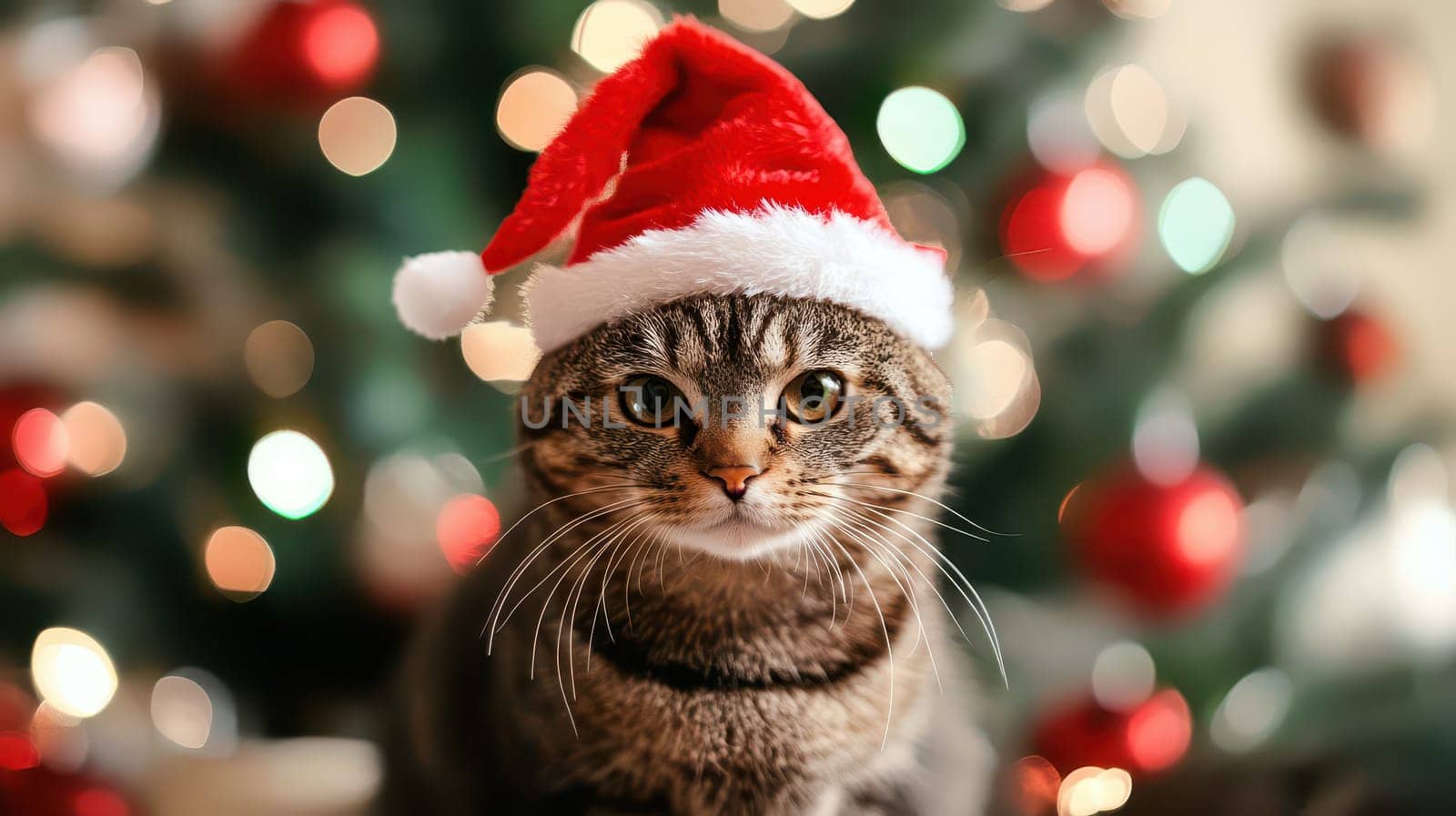 A cat in a red Santa hat sits in front of a decorated Christmas tree creating a cozy holiday atmosphere filled with lights and ornaments.