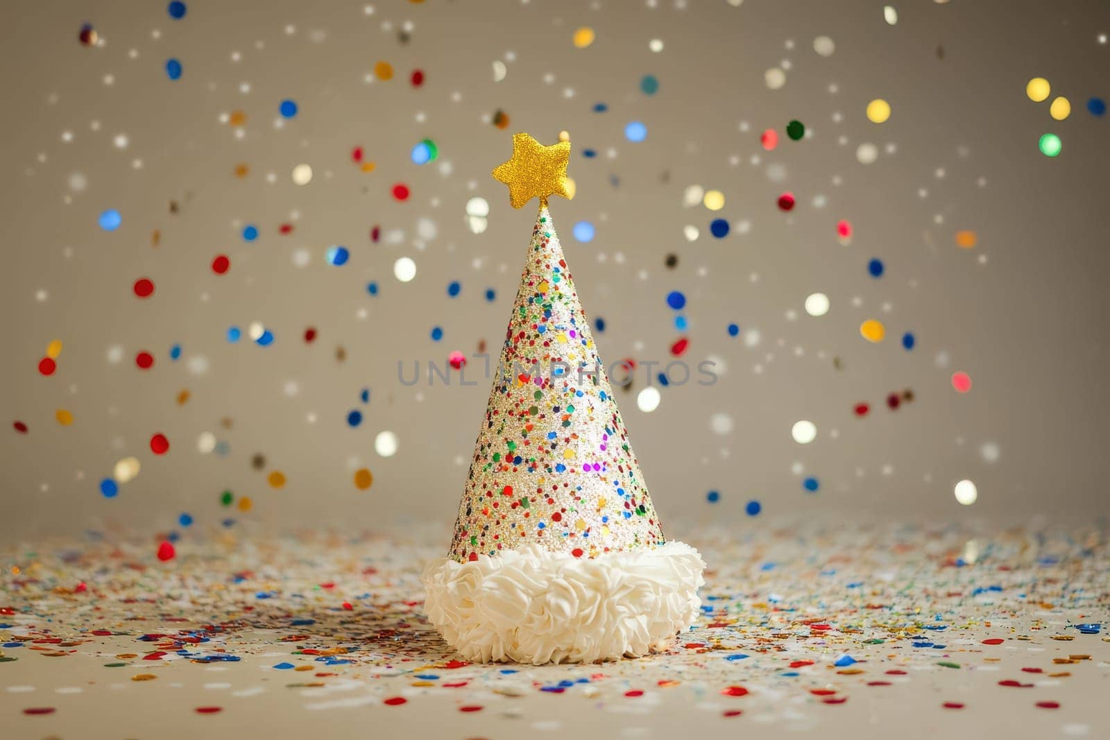 A sparkling party hat with a golden star sits on a table surrounded by vibrant confetti in various colors capturing a joyful moment.