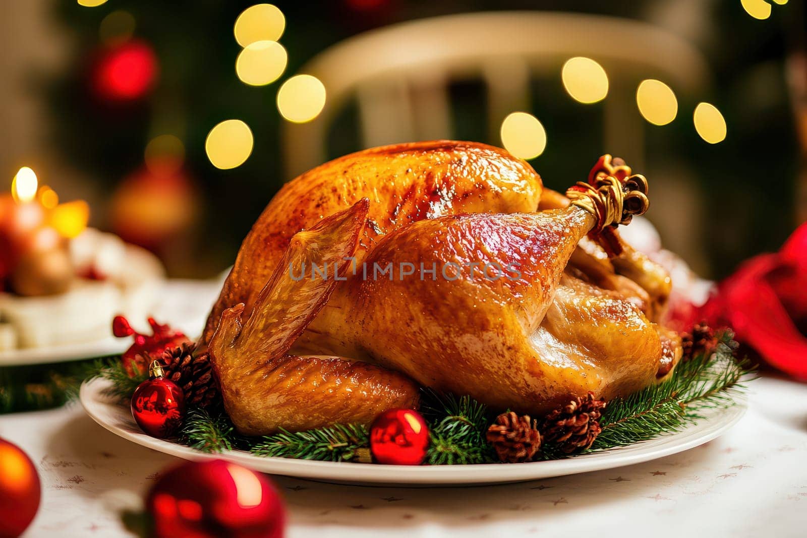 A beautifully roasted turkey is surrounded by festive decorations like pinecones and ornaments. A cozy Christmas atmosphere enhances the setting.