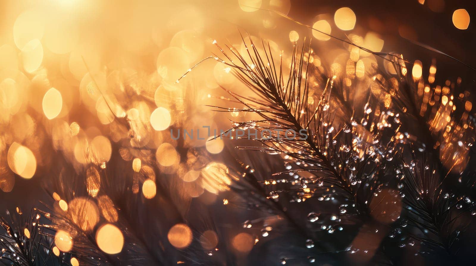 Soft golden light filters through pine needles adorned with water droplets creating a serene and festive atmosphere during the holiday season.