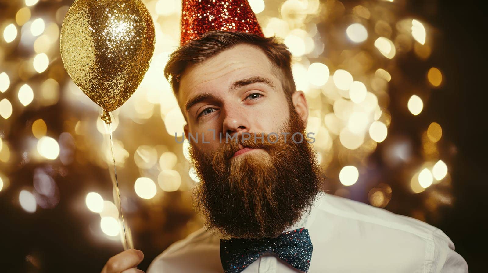 A man is enjoying a festive occasion wearing a party hat and bow tie while holding a balloon and surrounded by sparkling lights.