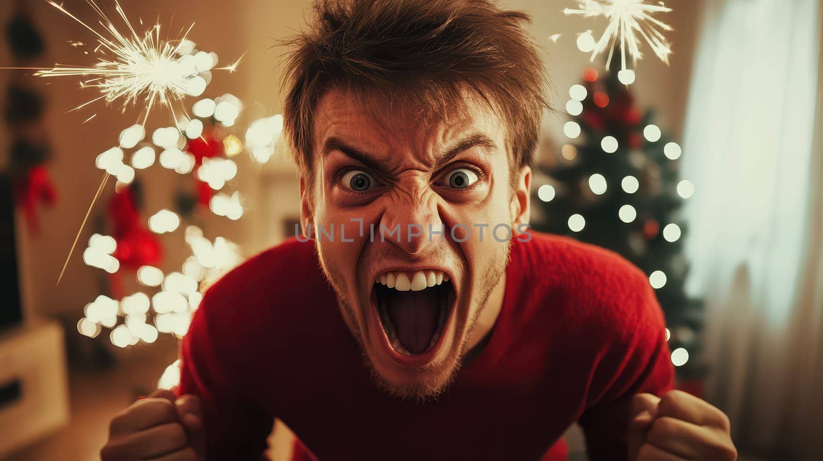 A lively celebration features a person in a red sweater shouting joyfully amidst Christmas decorations and bright lights.