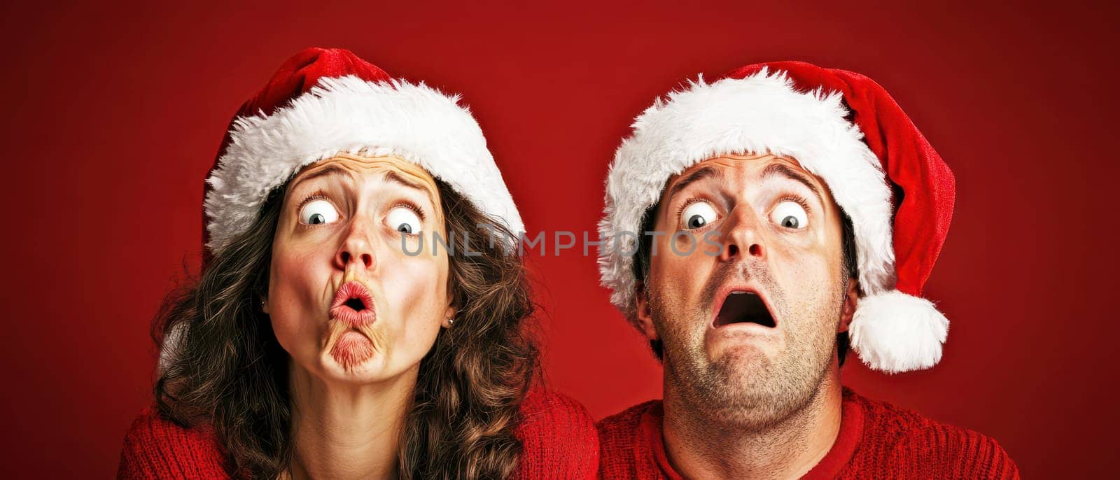 A surprised couple wears Santa hats showing exaggerated expressions that capture the joyful spirit of Christmas festivities.