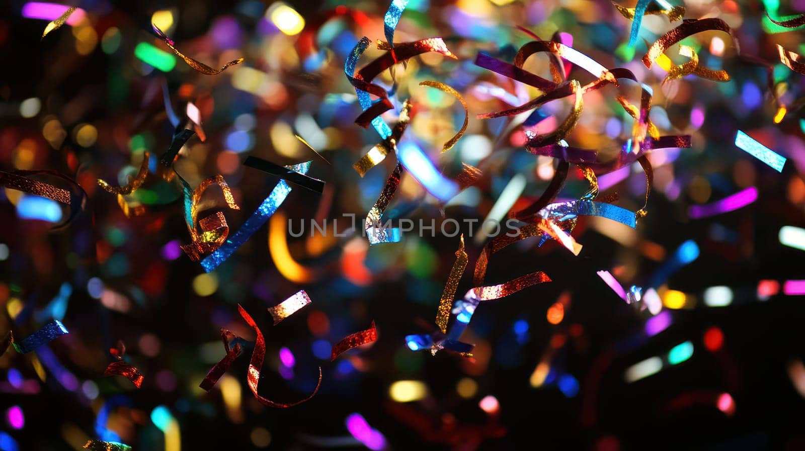 Bright and vibrant confetti fills the air creating a festive atmosphere perfect for Christmas celebrations. Colorful ribbons dance joyfully.