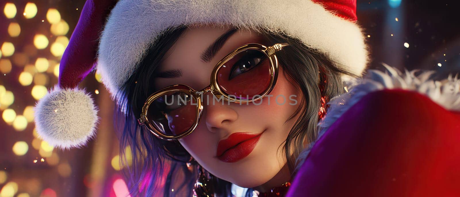 A stylish woman wearing a Santa hat and glasses smiles warmly amidst colorful holiday lights embodying the spirit of Christmas.