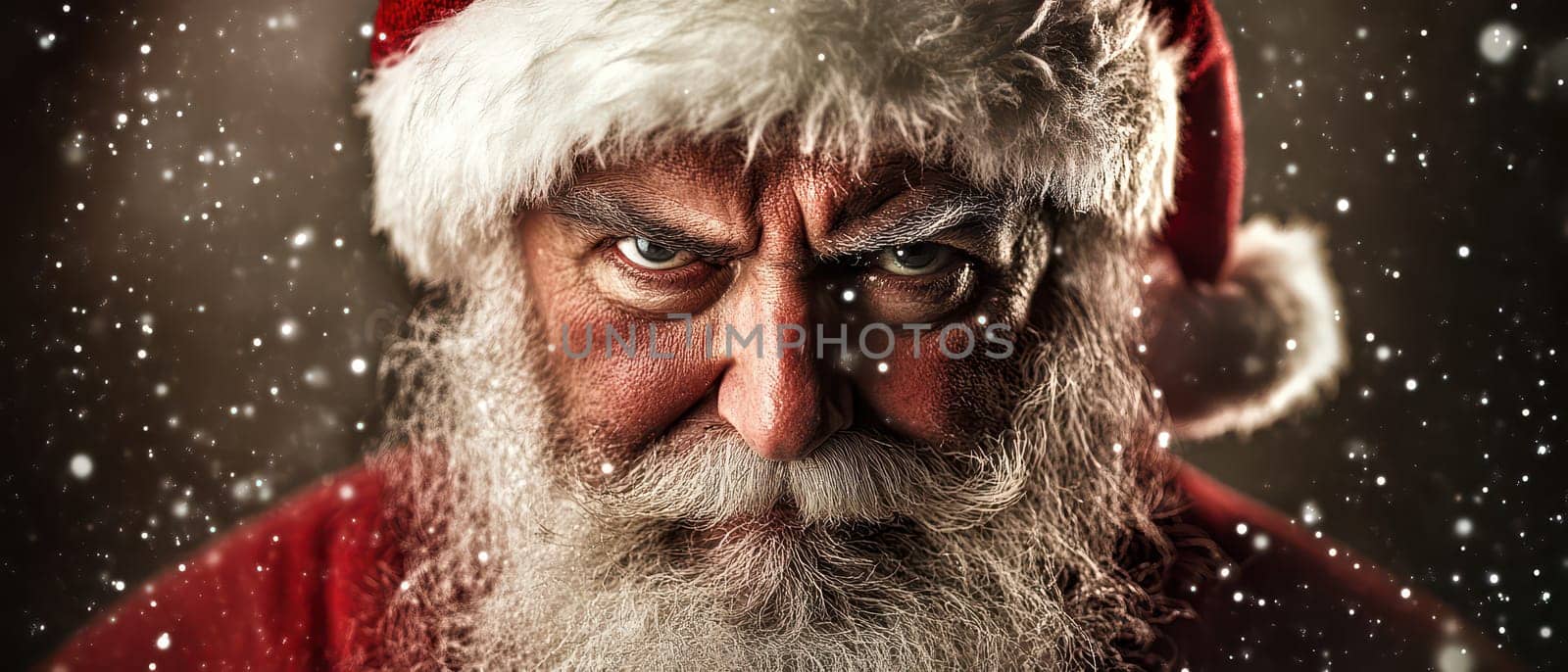 A close up of Santa Claus with an intense expression surrounded by falling snow. The atmosphere feels festive and magical during Christmas.