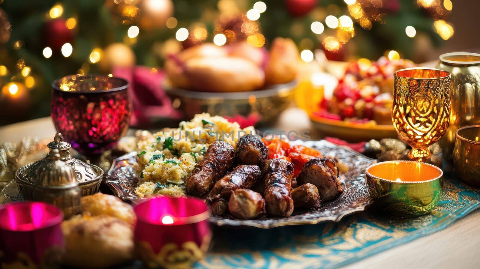 A beautifully set table featuring a variety of festive dishes glimmering lights and vibrant ornaments in a cozy Christmas atmosphere.