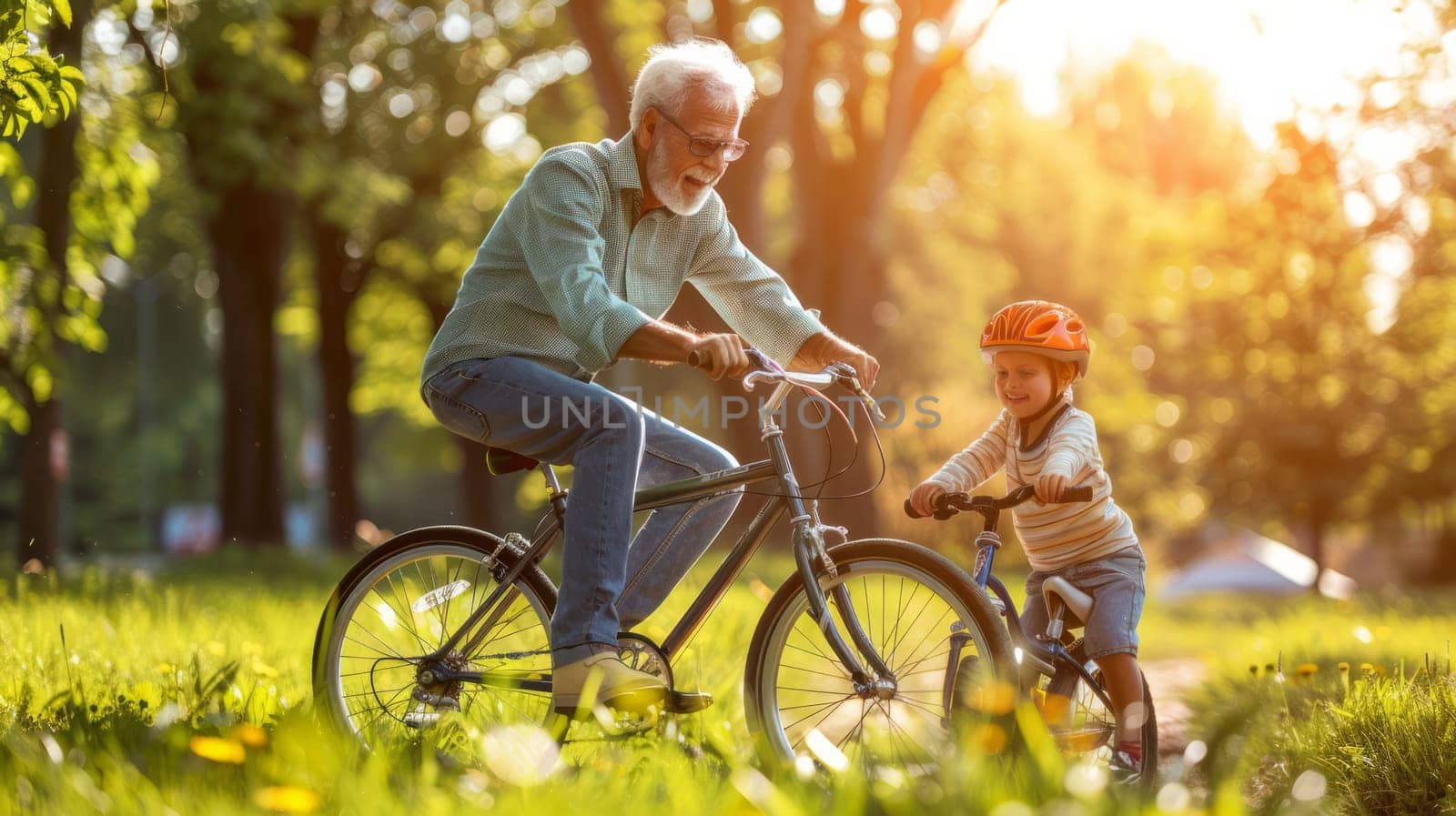 An elderly man guides a young boy on a bike in a sunlit park, symbolizing learning, family bonds, and the joy of spending time together outdoors.
