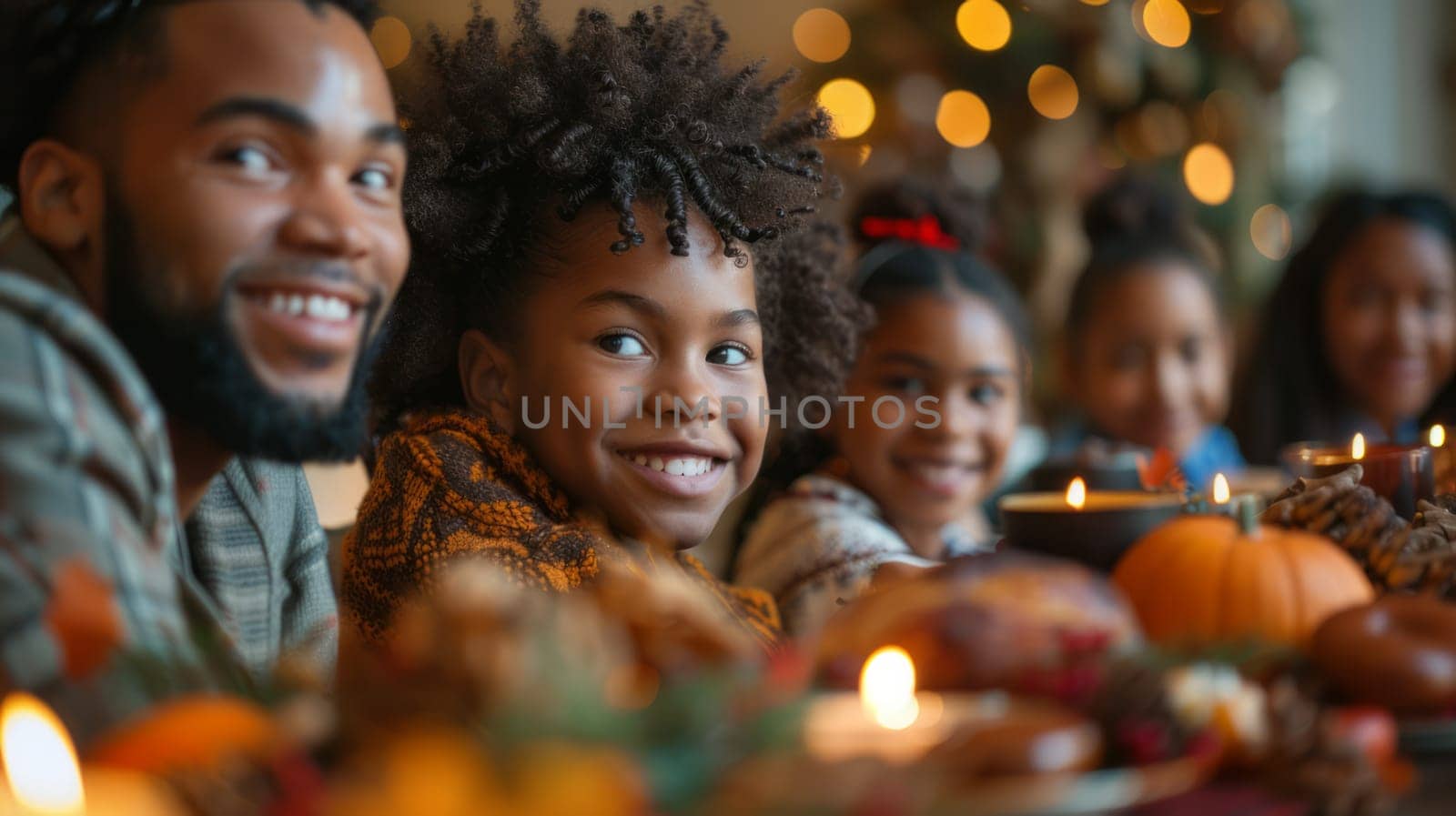 A smiling family gathers around a table decorated with pumpkins, candles, and autumn leaves to celebrate the holiday meal.