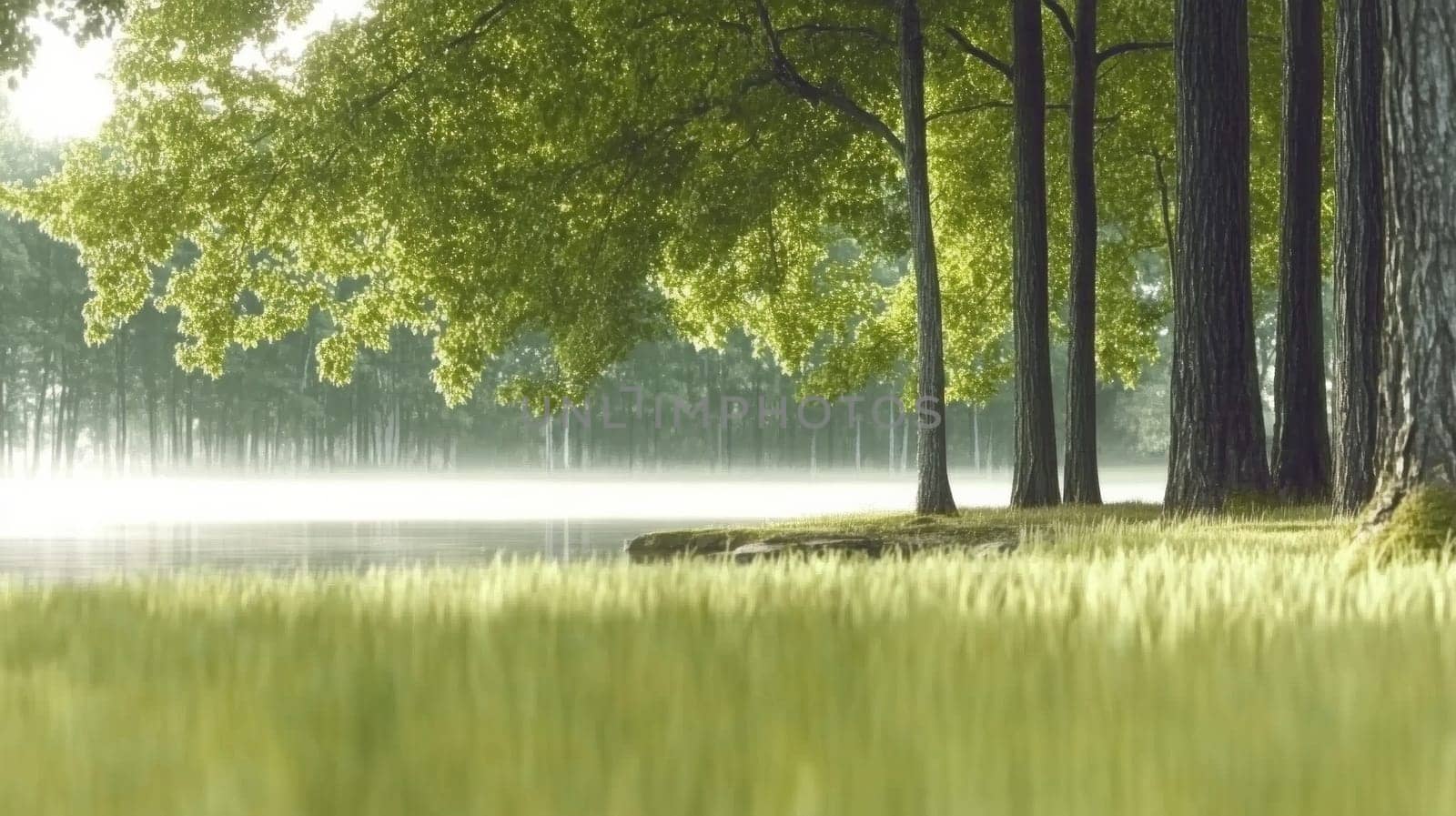 A paradisiacal, idyllic lakeshore with sunlight falling through mossy trees onto the soft grass. cinematic, morning fog
