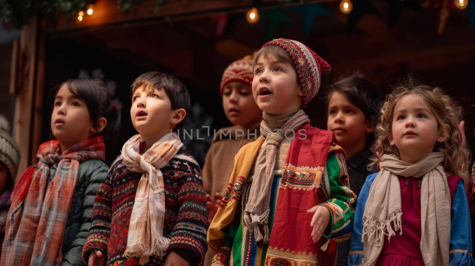 A group of children dressed warmly sing together on a festive stage, evoking a sense of community and holiday cheer.