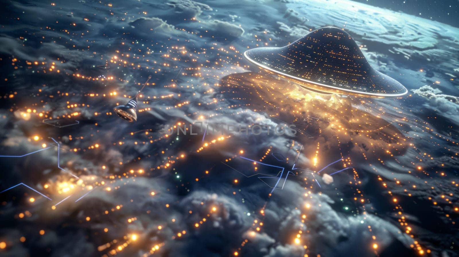 A UFO over a futuristic city with a glowing ring structure on top and sparkling lights all around, suggesting an advanced civilization.