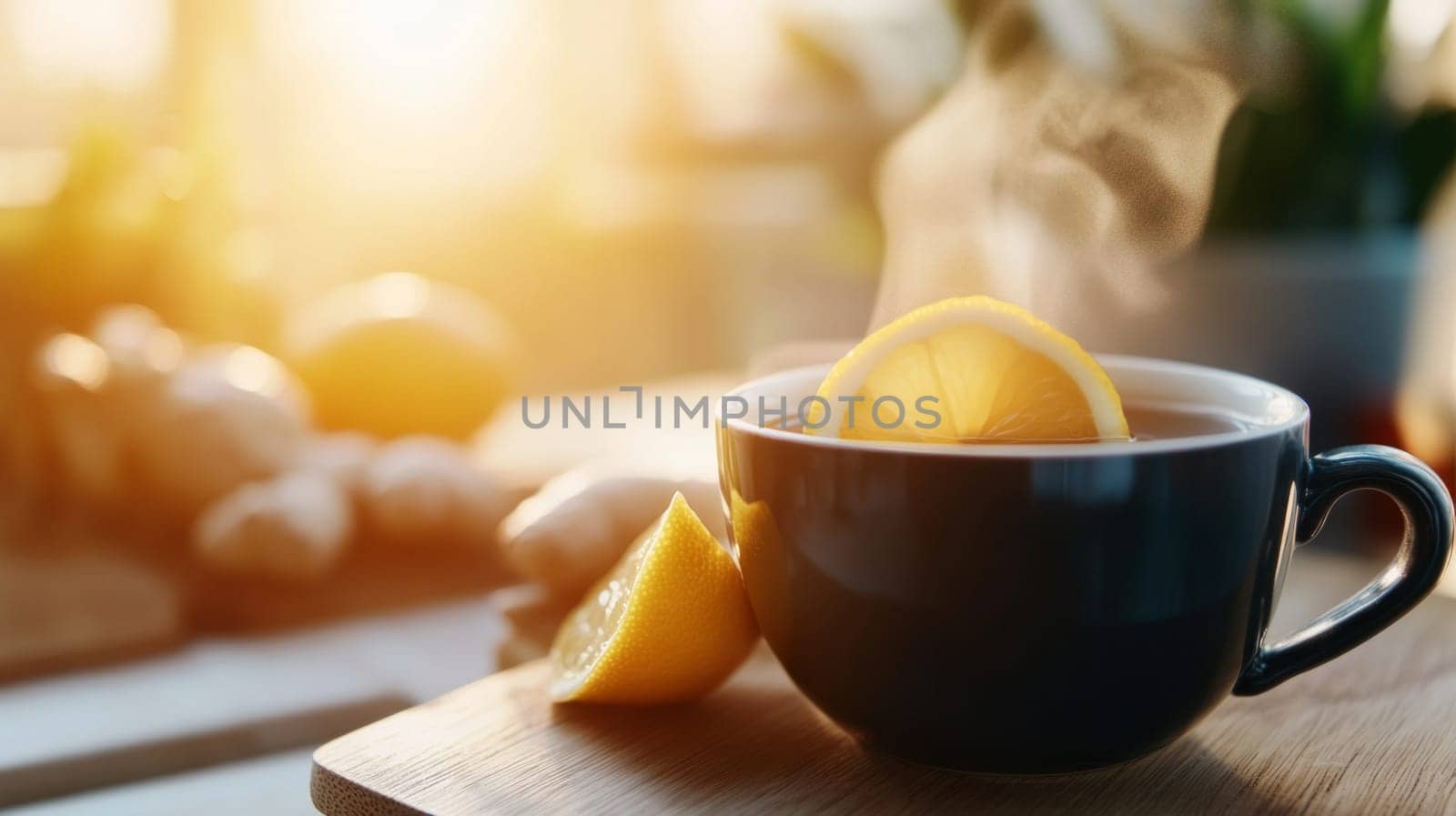 Close-up of a cup of herbal tea with lemon and ginger slices. The steam rises smoothly, embodying the soothing and protective effects of home remedies against colds.