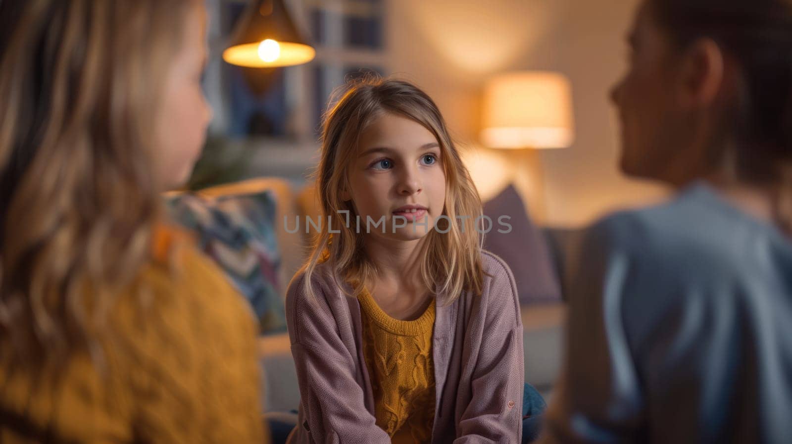 Three young children engage in a thoughtful conversation in a cozy, warmly-lit living room, illustrating childhood friendships and family warmth.