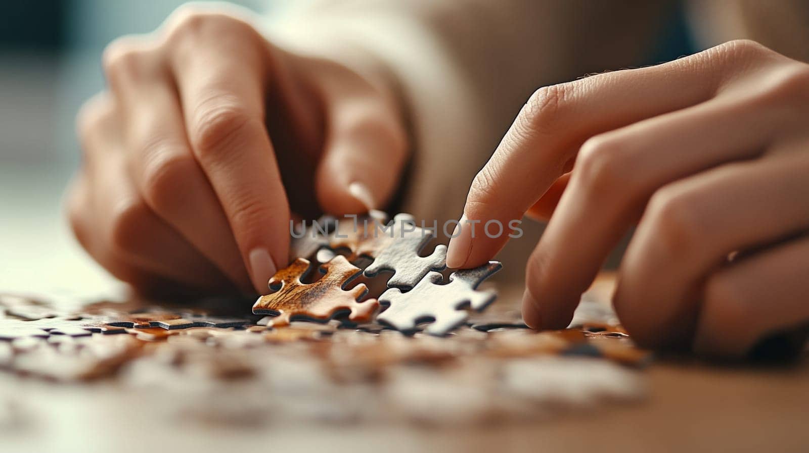Close-up of human hands assembling a large puzzle.concept continuous process of putting pieces of life together