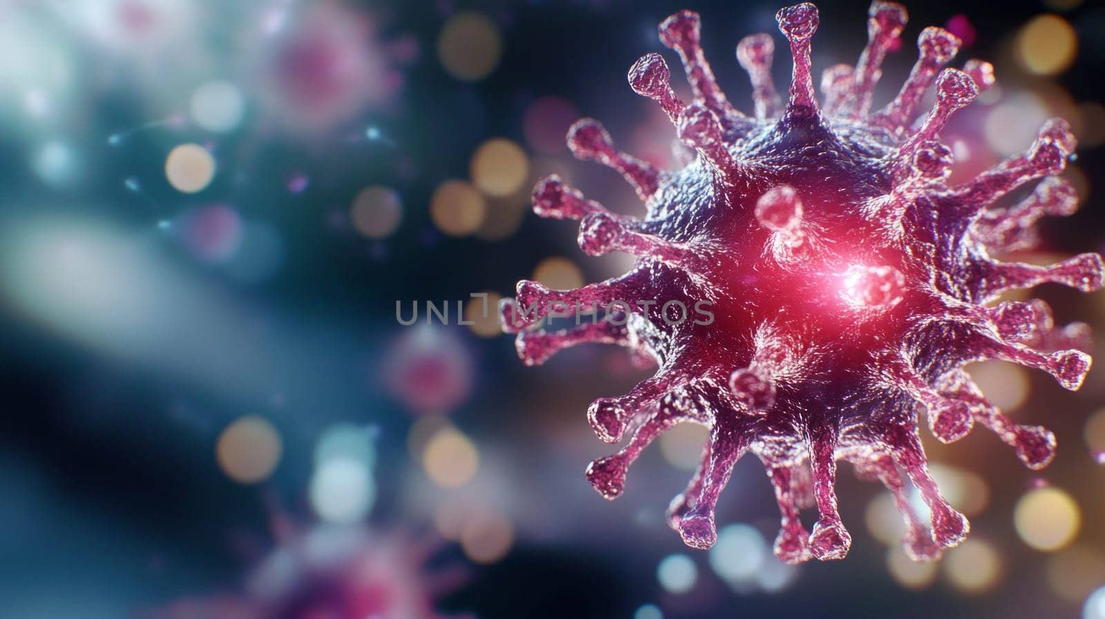 Close-up of a glowing red virus particle floating in the air, surrounded by small abstract microbes.