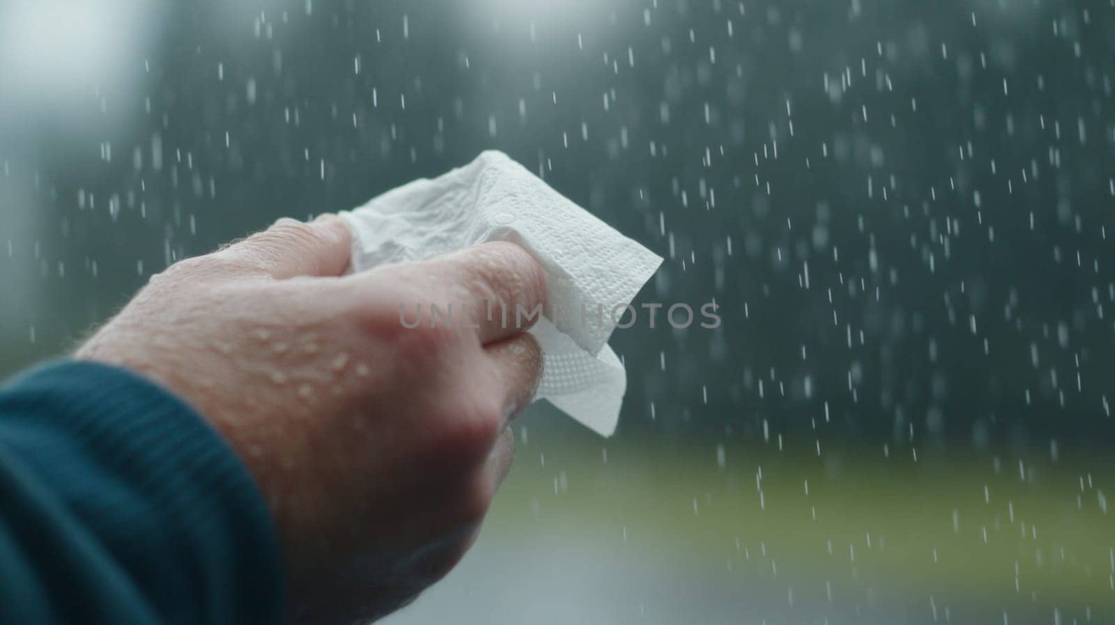 Close-up of a hand holding a napkin against the background of rainy weather. The concept of cold and flu symptoms